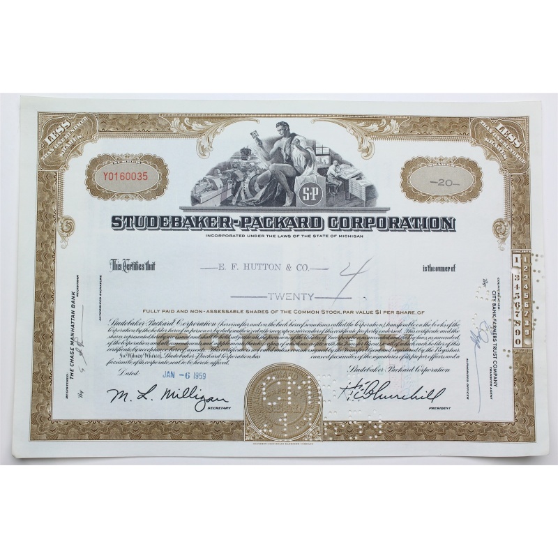 1959 Studebaker-Packard Corporation Stock Certificate - Y0160035 - 20 Shares