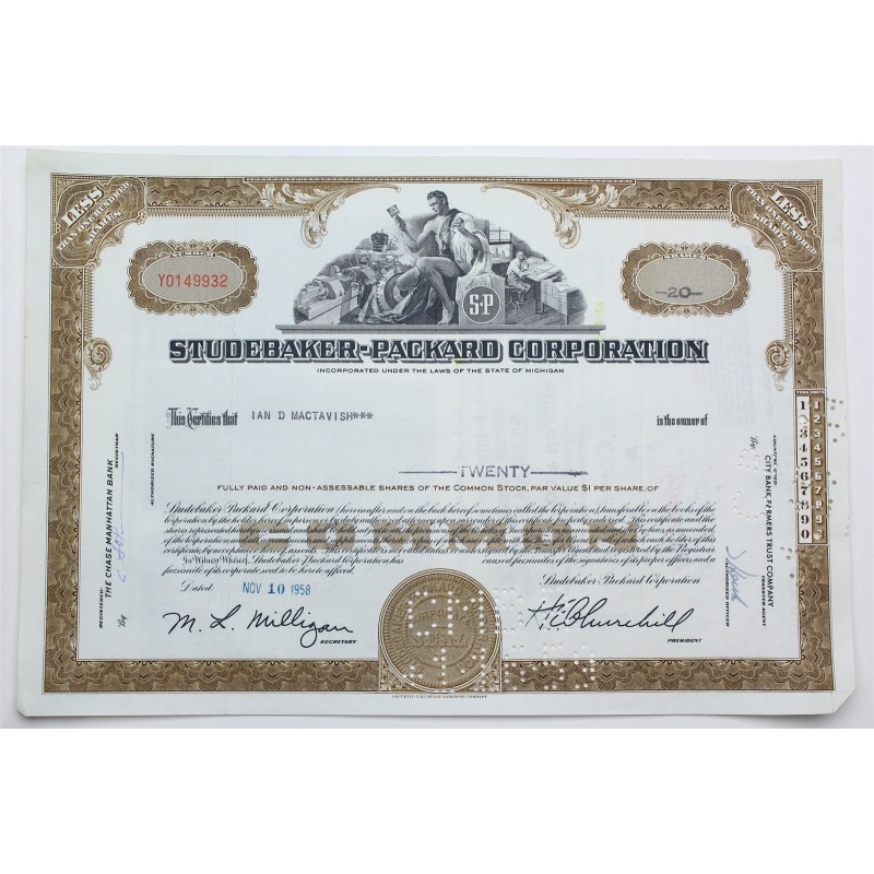 1958 Studebaker-Packard Corporation Stock Certificate - Y0149932 - 20 Shares