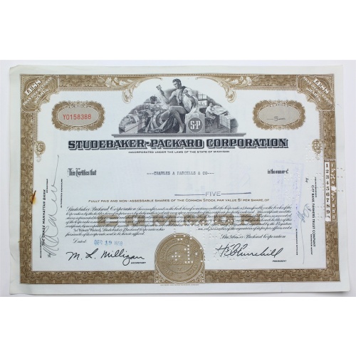 1958 Studebaker-Packard Corporation Stock Certificate - Y0158388 - 5 Shares