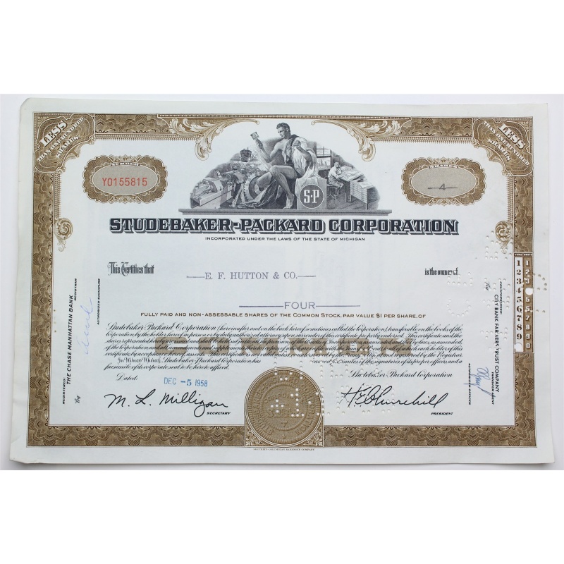1958 Studebaker-Packard Corporation Stock Certificate - Y0155815 - 4 Shares