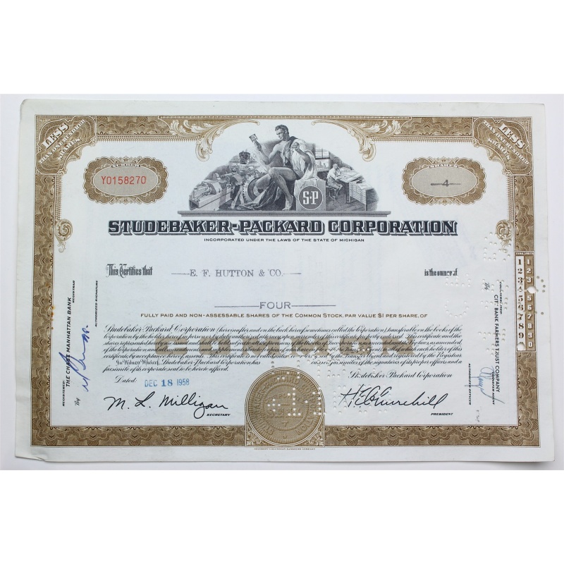 1958 Studebaker-Packard Corporation Stock Certificate - Y0158270 - 4 Shares