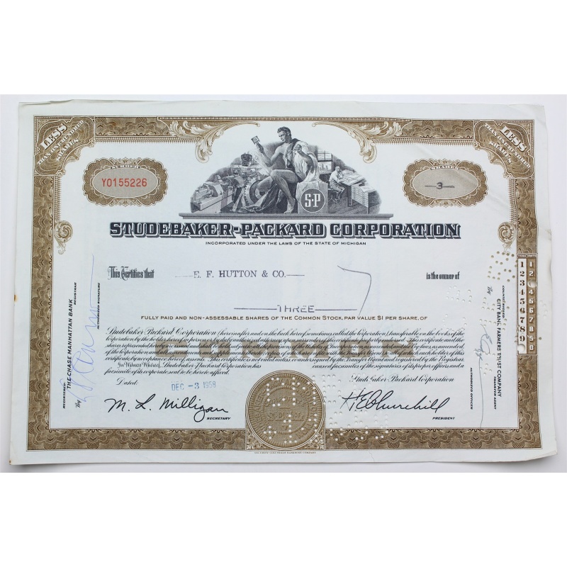 1958 Studebaker-Packard Corporation Stock Certificate - Y0155226 - 3 Shares