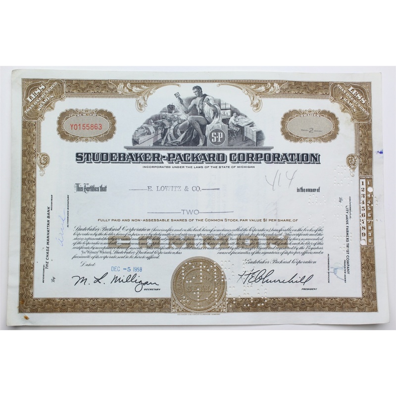1958 Studebaker-Packard Corporation Stock Certificate - Y0155863 - 2 Shares