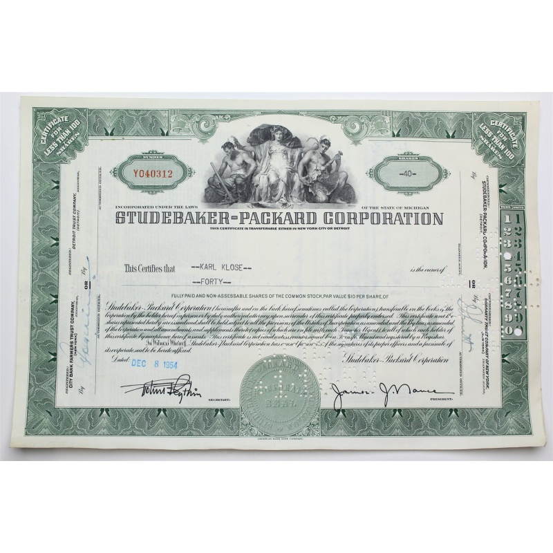 1954 Studebaker-Packard Corporation Stock Certificate - Y040312 - 40 Shares