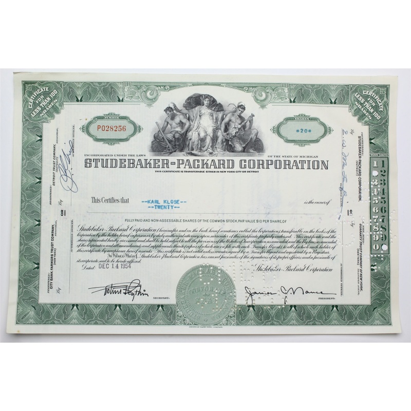 1954 Studebaker-Packard Corporation Stock Certificate - P028256 - 20 Shares