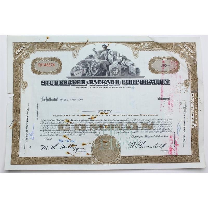 1958 Studebaker-Packard Corporation Stock Certificate - Y0148374 - 40 Shares