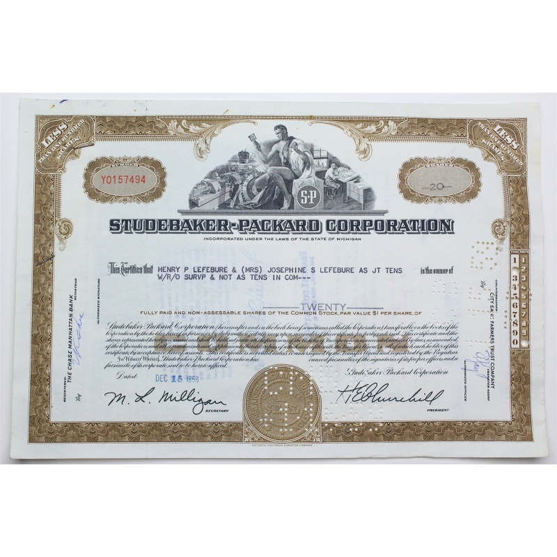 1958 Studebaker-Packard Corporation Stock Certificate - Y0157494 - 20 Shares