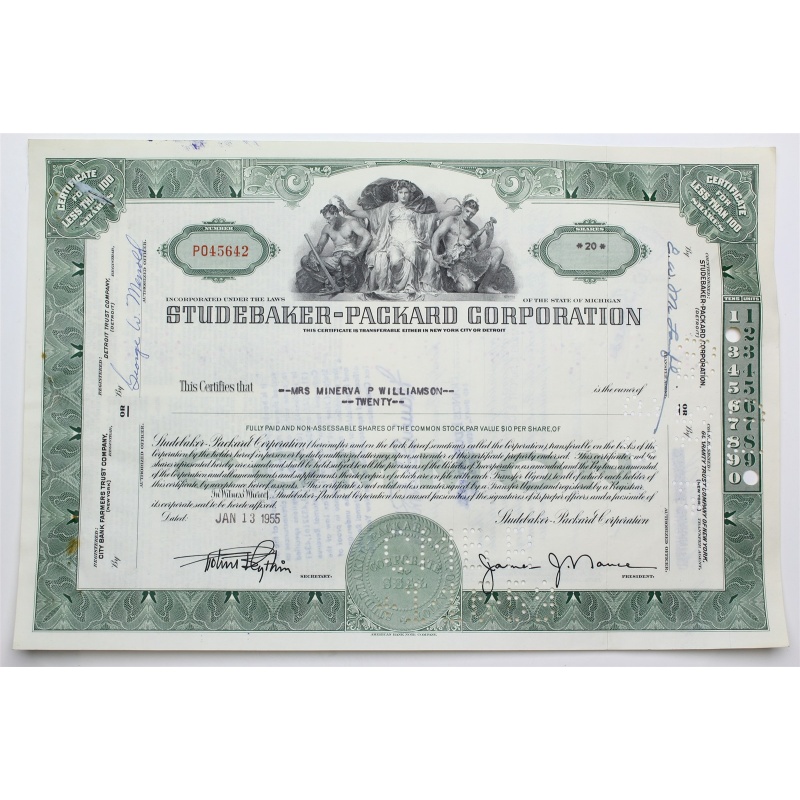 1955 Studebaker-Packard Corporation Stock Certificate - P045642 - 20 Shares