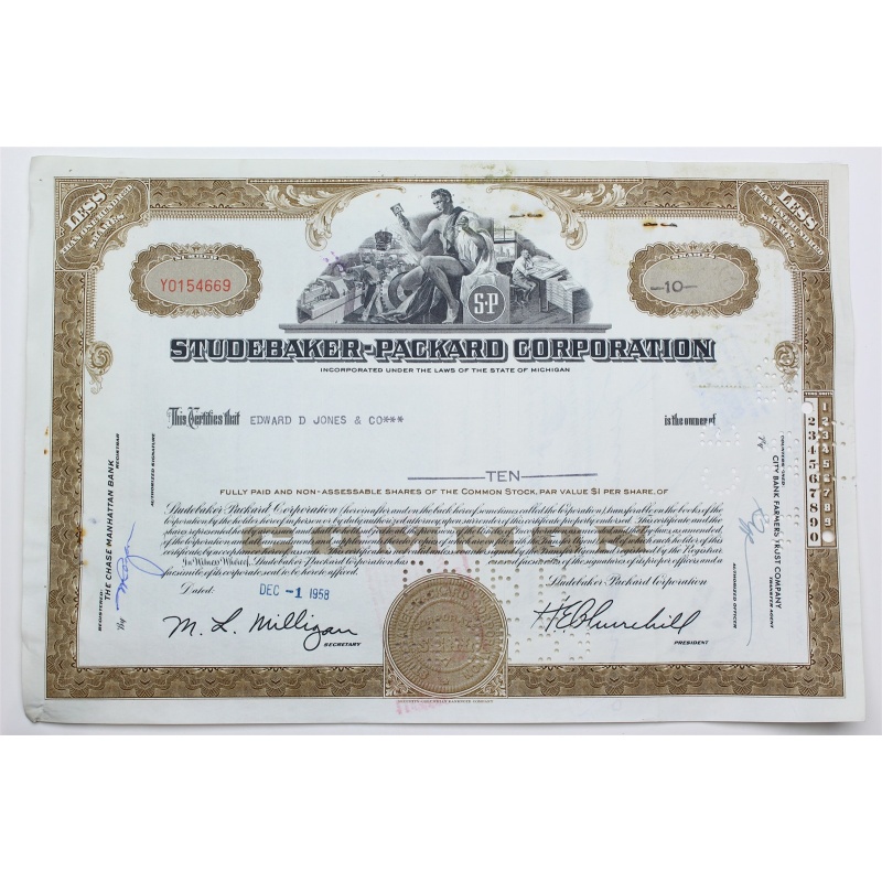 1958 Studebaker-Packard Corporation Stock Certificate - Y0154669 - 10 Shares