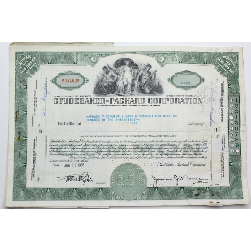 1955 Studebaker-Packard Corporation Stock Certificate - P044025 - 40 Shares