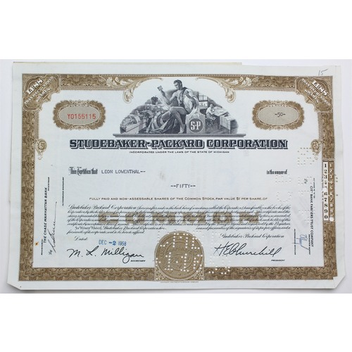 1958 Studebaker-Packard Corporation Stock Certificate - Y0155115 - 50 Shares