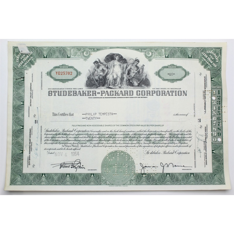 1954 Studebaker-Packard Corporation Stock Certificate - Y025702 - 20 Shares