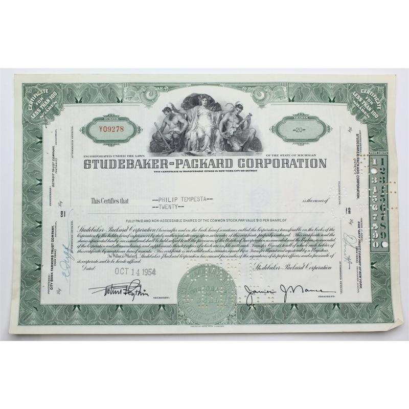 1954 Studebaker-Packard Corporation Stock Certificate - Y09278 - 20 Shares