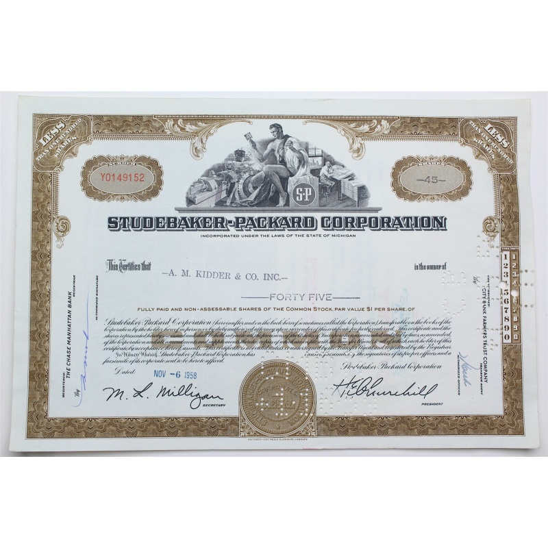 1958 Studebaker-Packard Corporation Stock Certificate - Y0149152 - 45 Shares