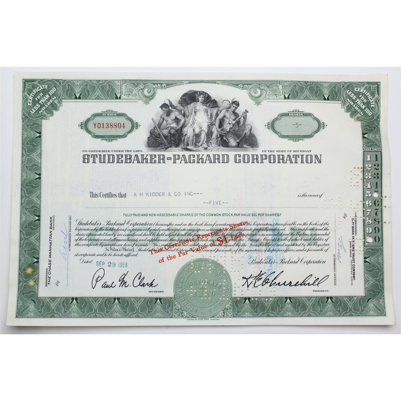 1958 Studebaker-Packard Corporation Stock Certificate - Y0138804 - 5 Shares