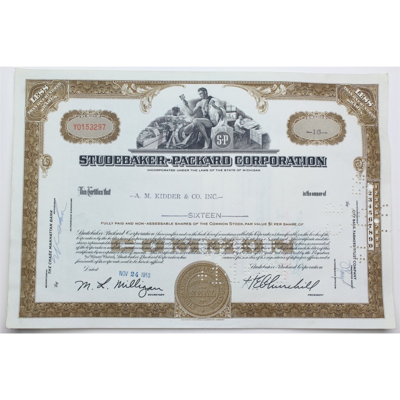 1958 Studebaker-Packard Corporation Stock Certificate - Y0153297 - 16 Shares