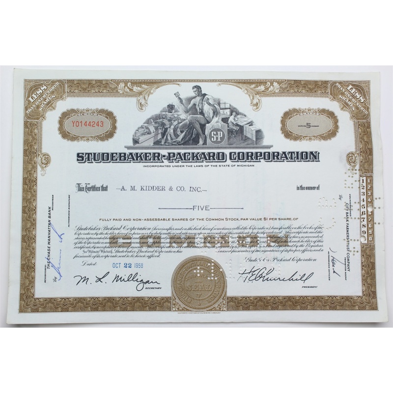 1958 Studebaker-Packard Corporation Stock Certificate - Y0144243 - 5 Shares