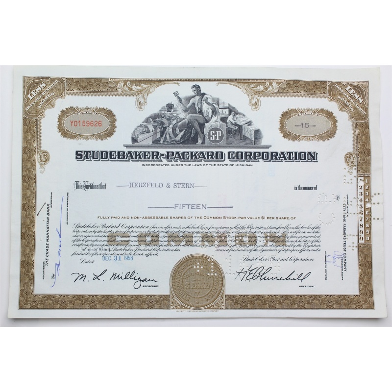 1958 Studebaker-Packard Corporation Stock Certificate - Y0159626 - 15 Shares