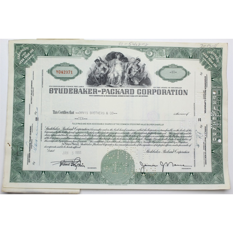 1955 Studebaker-Packard Corporation Stock Certificate - Y042371 - 10 Shares