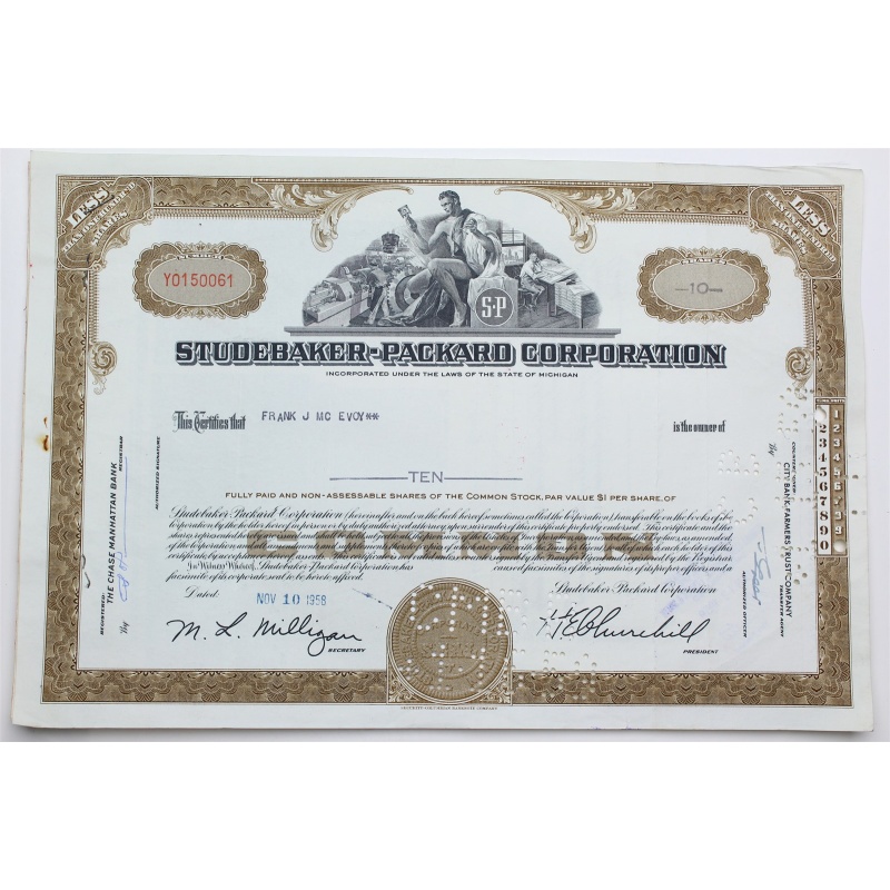 1958 Studebaker-Packard Corporation Stock Certificate - Y0150061 - 10 Shares