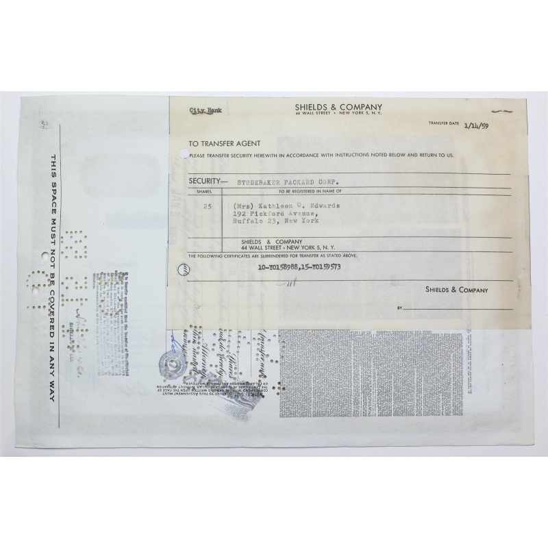 1958 Studebaker-Packard Corporation Stock Certificate - Y0159573 - 15 Shares