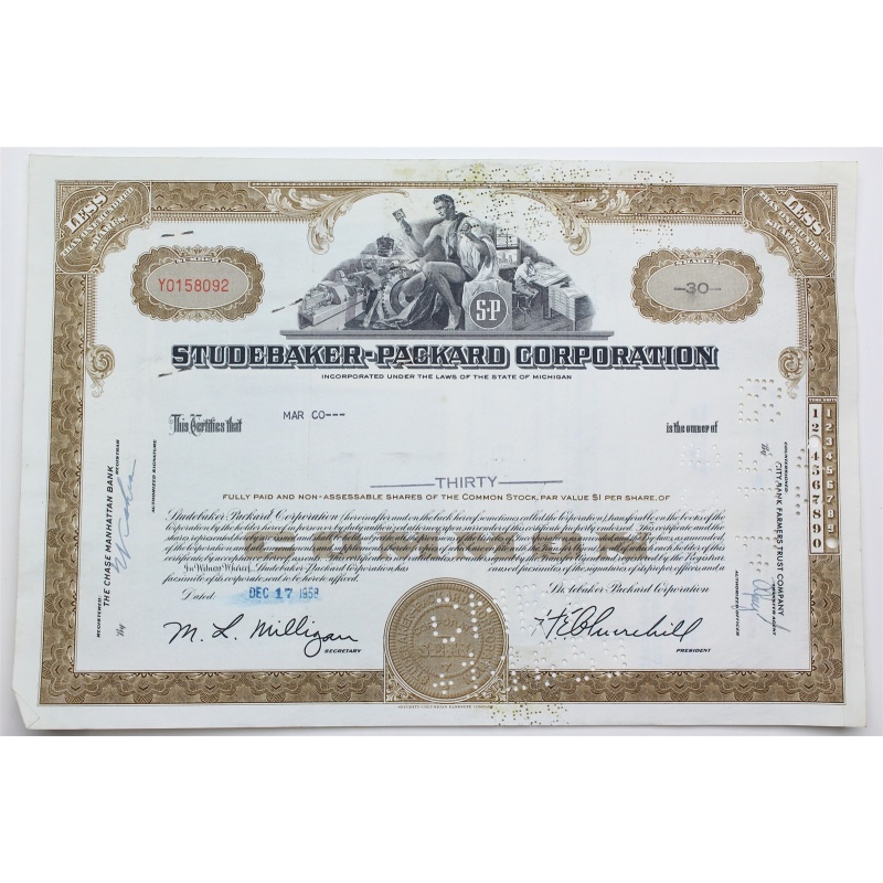 1958 Studebaker-Packard Corporation Stock Certificate - Y0158092 - 30 Shares