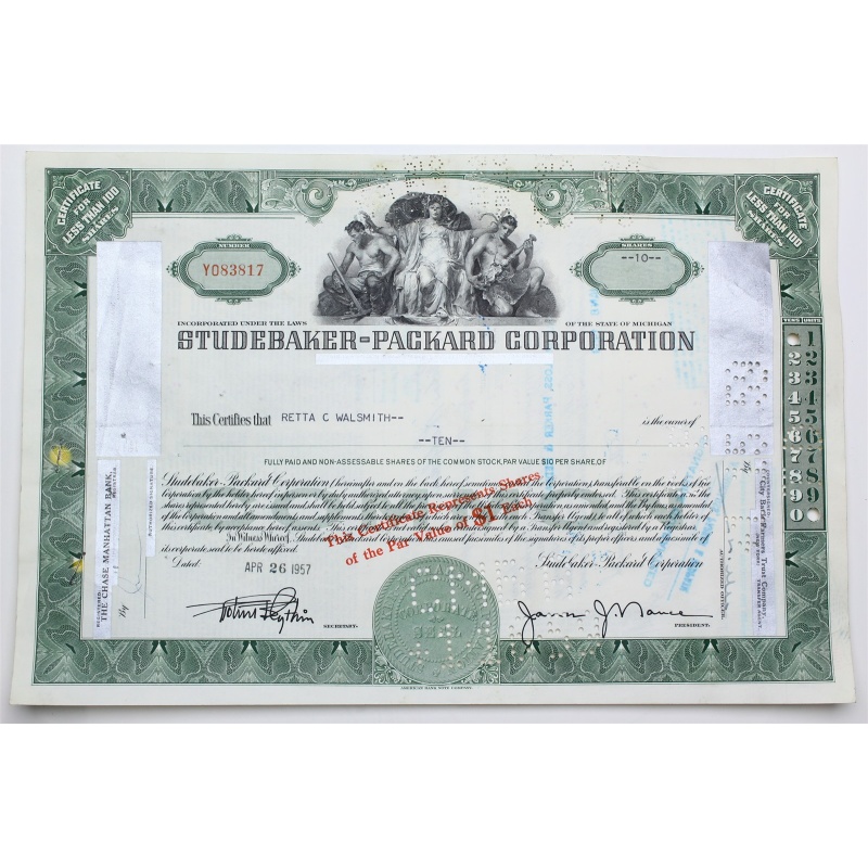 1957 Studebaker-Packard Corporation Stock Certificate - Y083817 - 10 Shares