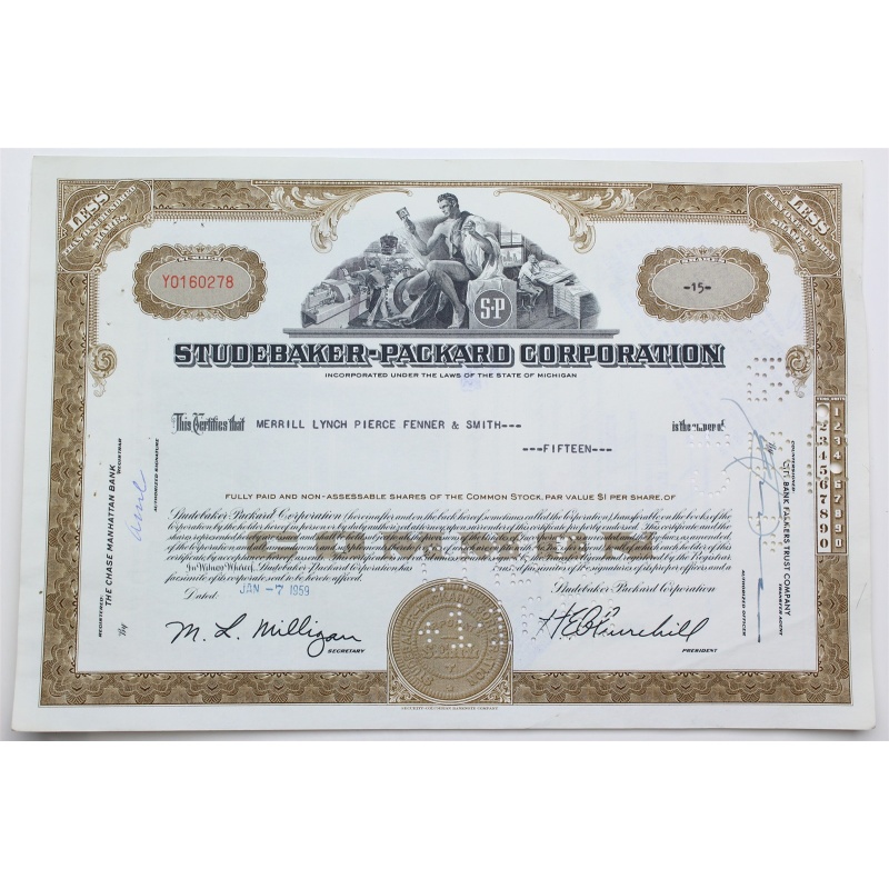 1959 Studebaker-Packard Corporation Stock Certificate - Y0160278 - 15 Shares