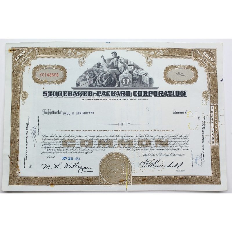 1958 Studebaker-Packard Corporation Stock Certificate - Y0143668 - 50 Shares