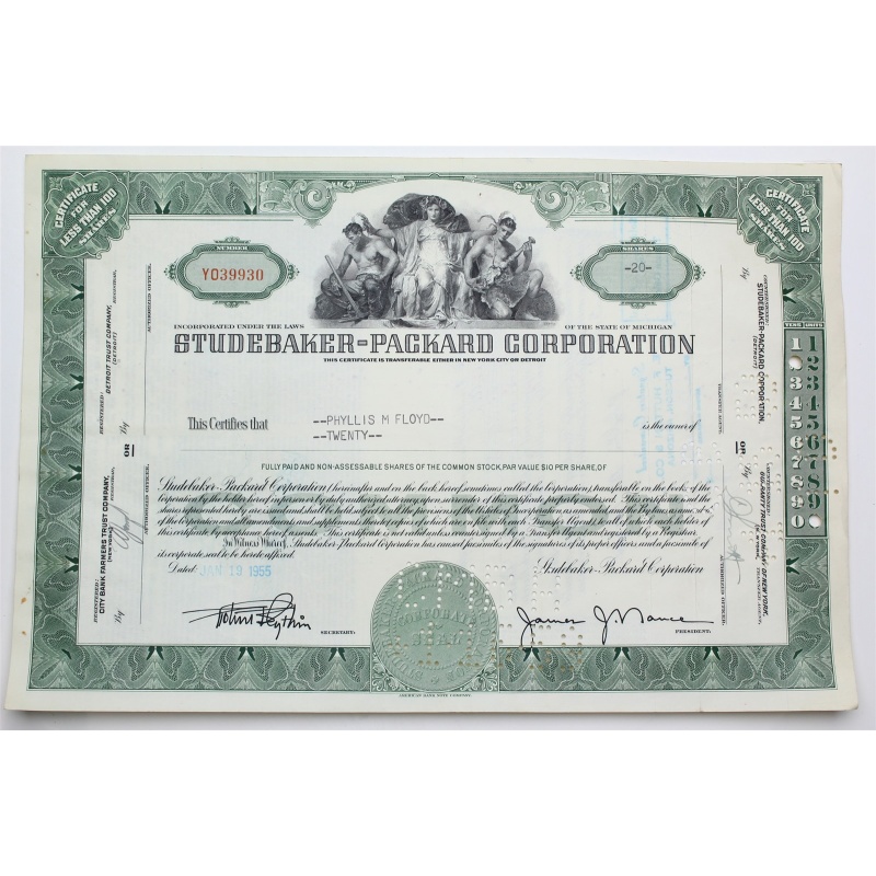1955 Studebaker-Packard Corporation Stock Certificate - Y039930 - 20 Shares