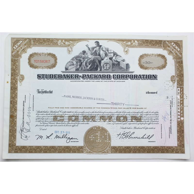 1958 Studebaker-Packard Corporation Stock Certificate - Y0158367 - 30 Shares