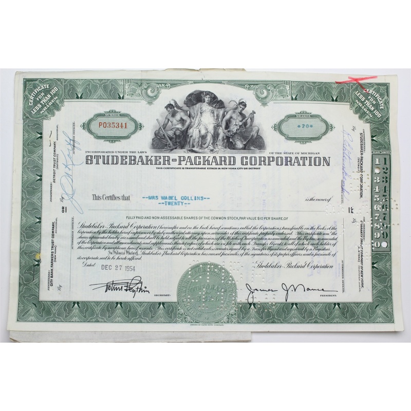 1954 Studebaker-Packard Corporation Stock Certificate - P035341 - 20 Shares