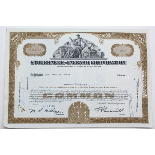 1958 Studebaker-Packard Corporation Stock Certificate - Y0157182 - 20 Shares
