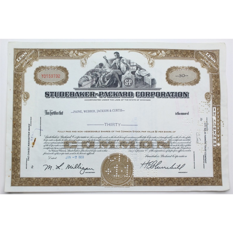 1959 Studebaker-Packard Corporation Stock Certificate - Y0159732 - 30 Shares