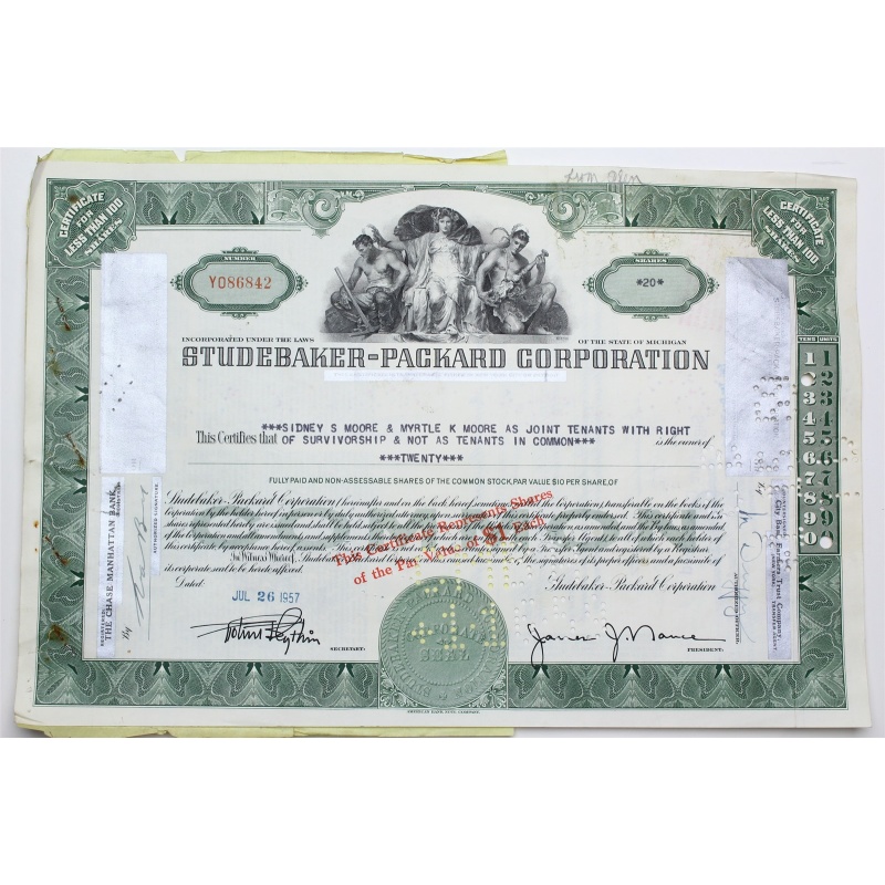 1957 Studebaker-Packard Corporation Stock Certificate - Y086842 - 20 Shares
