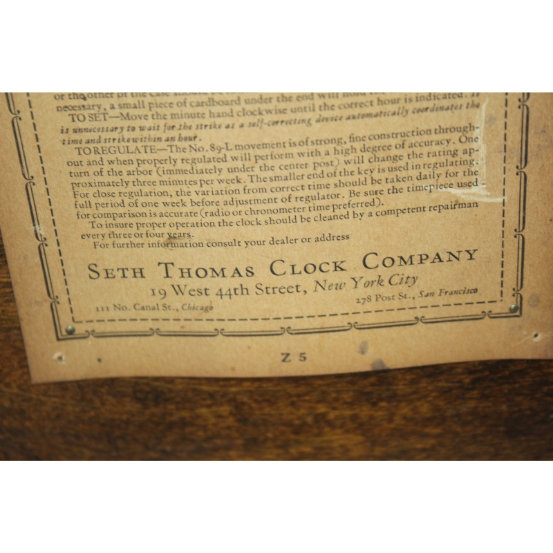 Seth Thomas 8 Day Quarter Hour Strike Movement Clock Vintage 89-L