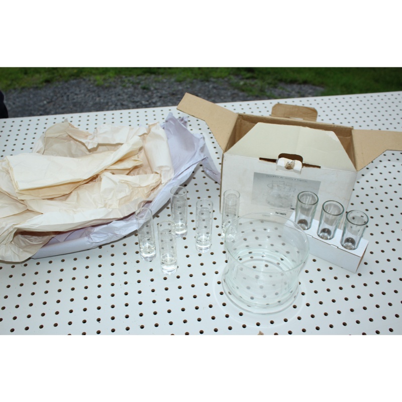 Vintage Pier 1 Imports Shot Glasses And Glass Ice Chiller Bowl, Pier One Barware