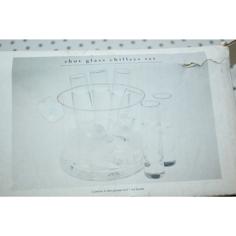 Vintage Pier 1 Imports Shot Glasses And Glass Ice Chiller Bowl, Pier One Barware