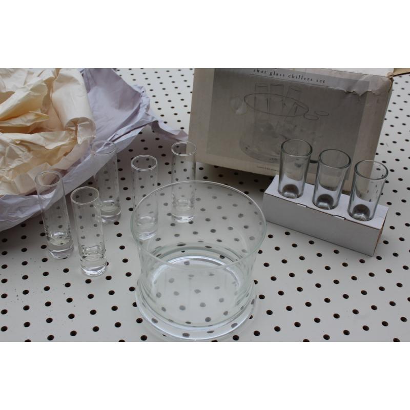 Vintage Pier 1 Imports Shot Glasses And Glass Ice Chiller Bowl, Pier One Barware