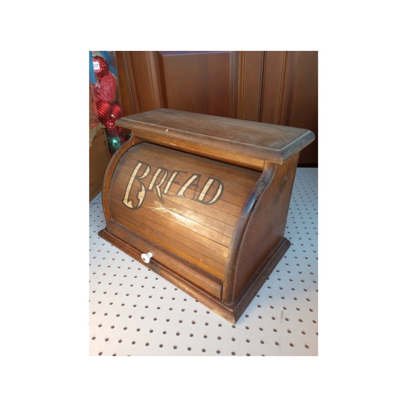 Vintage Country Wood Roll Top Door Bread Storage Box Rustic Primitive Farmhouse