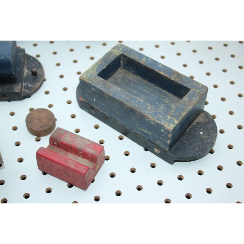Early wooden toy train cars & parts not complete and wooden bowling pins & ball 