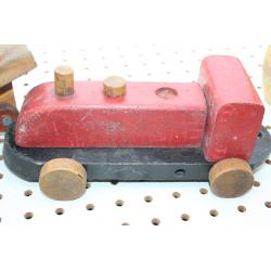Early wooden toy train cars & parts not complete and wooden bowling pins & ball 