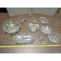 LOT OF 11 CUT GLASS DISHES, VASE AND DECOR