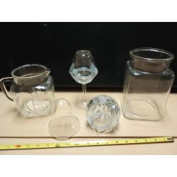MIX LOT OF 5 GLASS. PITCHER , JAR, CANDLE HOLDER, CRYSTAL DECOR AND 1 GLASS DOME