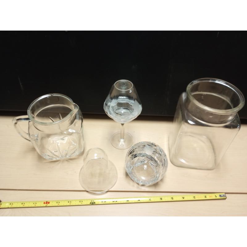 MIX LOT OF 5 GLASS. PITCHER , JAR, CANDLE HOLDER, CRYSTAL DECOR AND 1 GLASS DOME