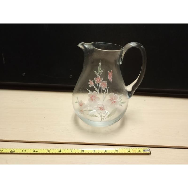 Glass Ptcher With Handle And Floral Design 8.5" tall