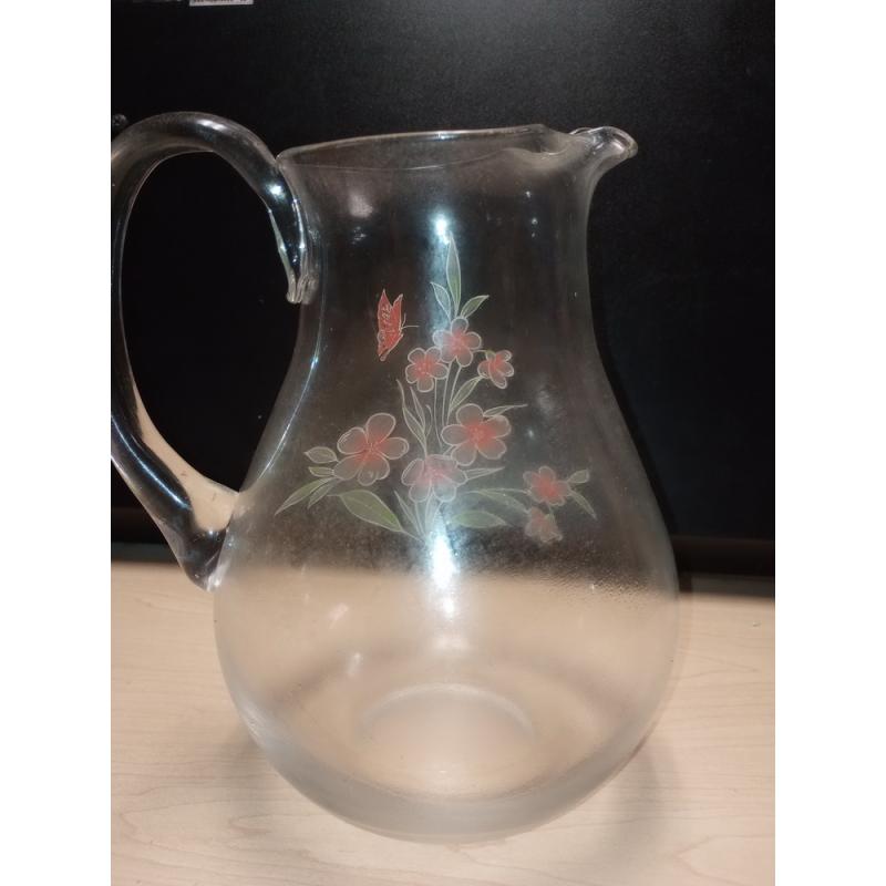 Glass Ptcher With Handle And Floral Design 8.5" tall