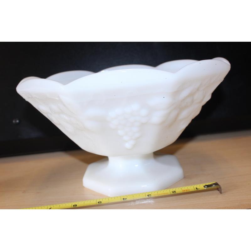 Vintage White Milk Glass Bowl, Grape Design Pedestal AND CUP
