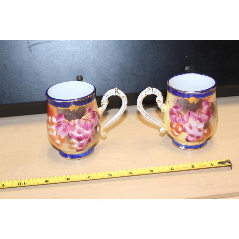 Limoges China Tankard Mugs Grapes & Floral oversized cups beautiful vintage