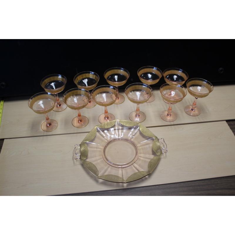 SET 11 Champagne Glass Fostoria Royal Amber Etch Depression AND MEDIUM PLATTER